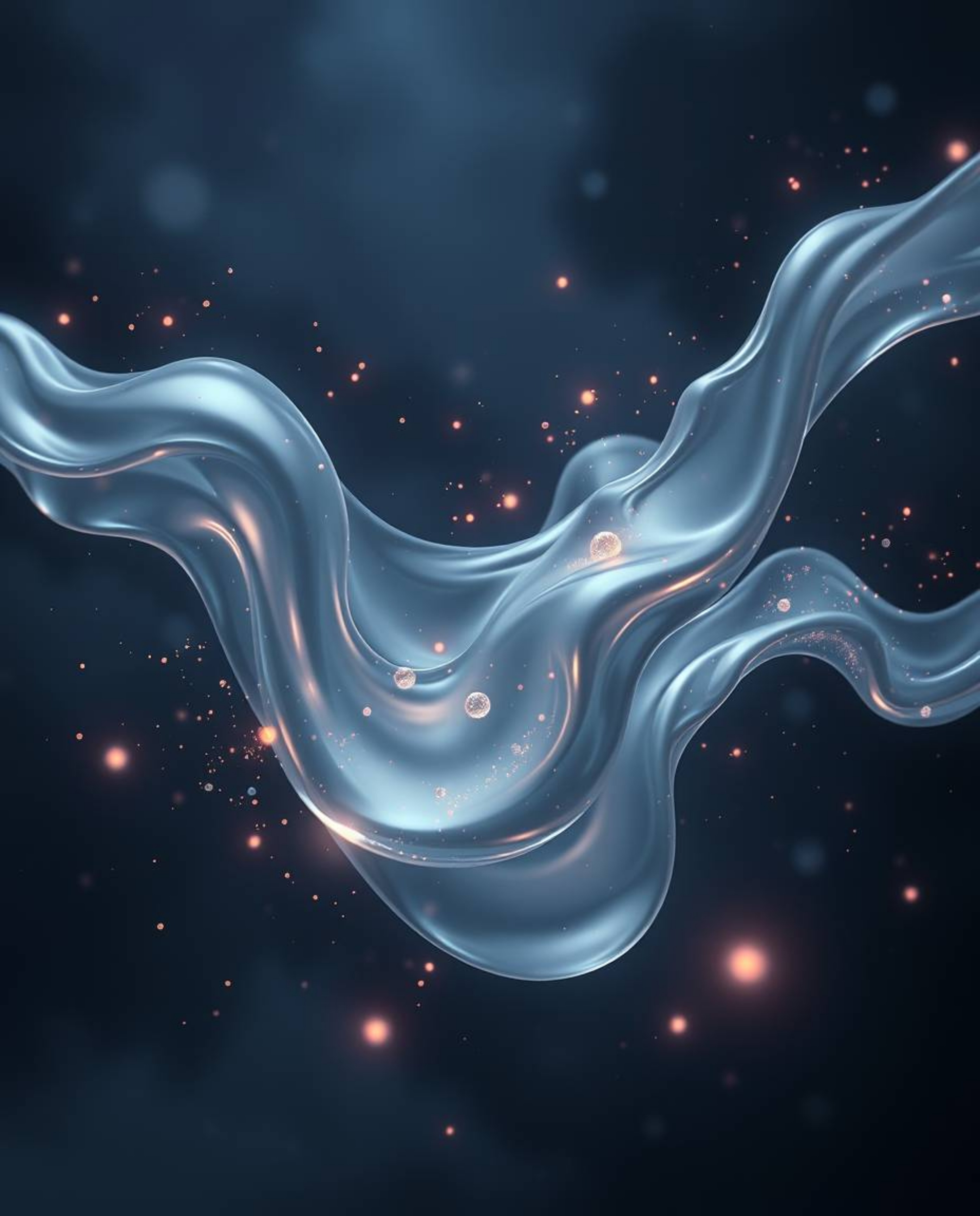 This captivating digital painting showcases glassy, fluid 3D shapes in dynamic motion, enveloped by a mesmerizing cloud of gl