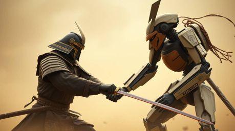 A samurai and a robot clash in a breathtaking cinematic scene.  Earth tones, soft focus, and a hazy background create a tranq