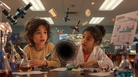 Step into a whimsical science fair adventure with this vibrant, cinematic photograph, reminiscent of Pixar's signature style.