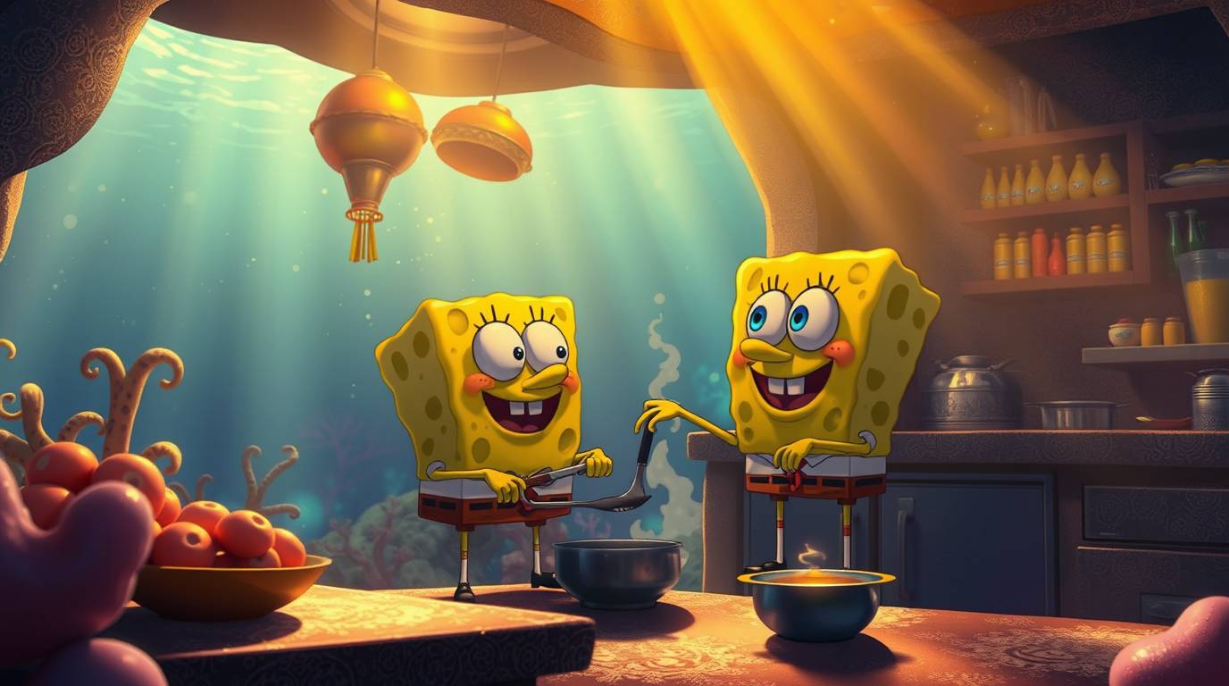 A radiant and luxurious scene unfolds, showcasing a warm golden glow illuminating a sponge character skillfully cooking in a 