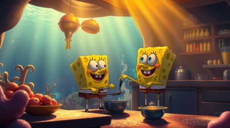 A radiant and luxurious scene unfolds, showcasing a warm golden glow illuminating a sponge character skillfully cooking in a 