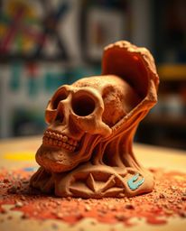 Explore the captivating world of sculptural clay art brought to life with a blurred bokeh effect and intense dramatic lightin