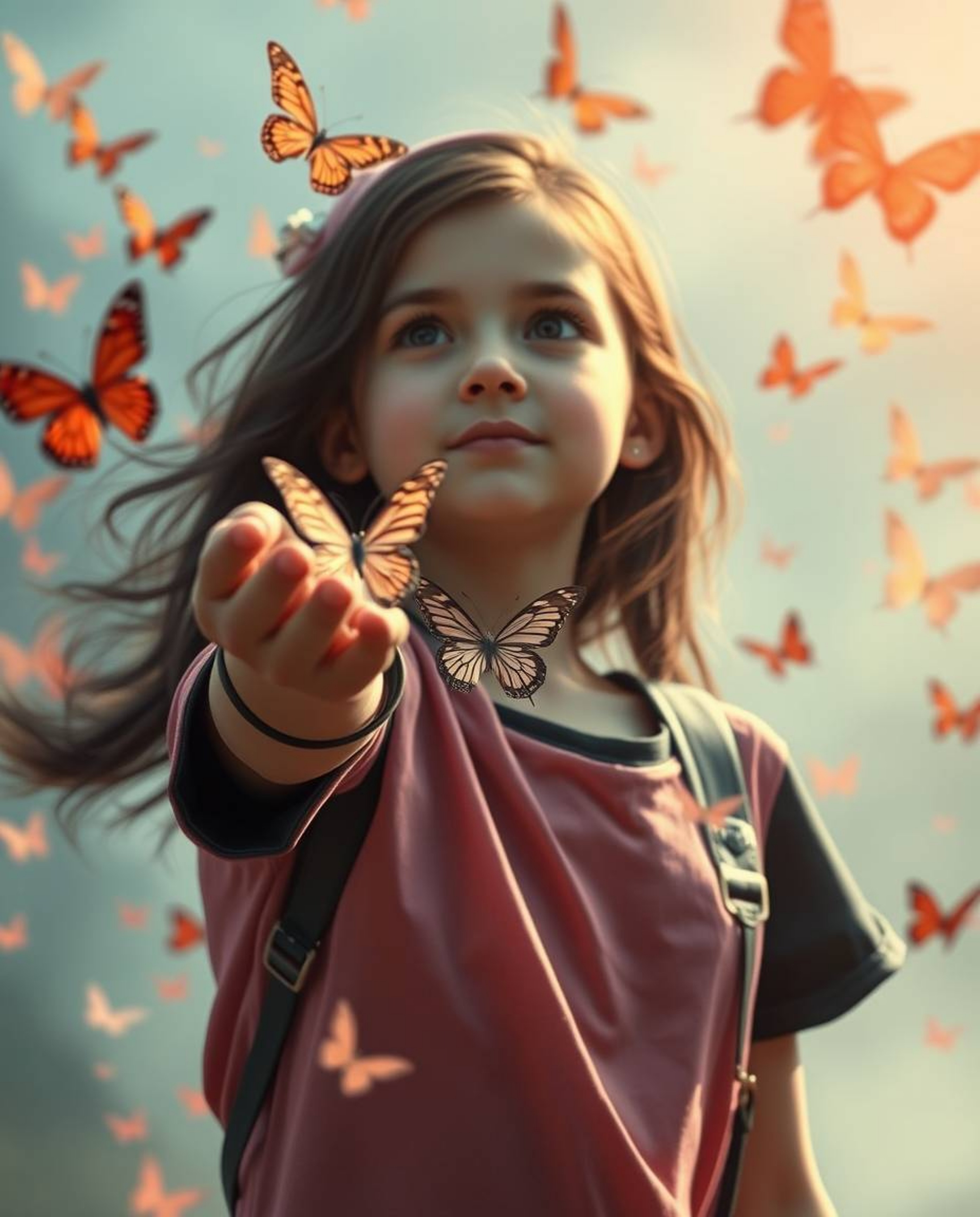 A captivating image of a girl heroically releasing butterflies in a grand, futuristic setting.  The scene is bathed in soft c