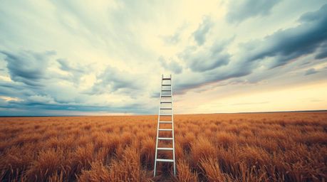 A captivating high-resolution stock photo depicts a silver ladder standing in a vast open field under a dramatic cloudy sky. 