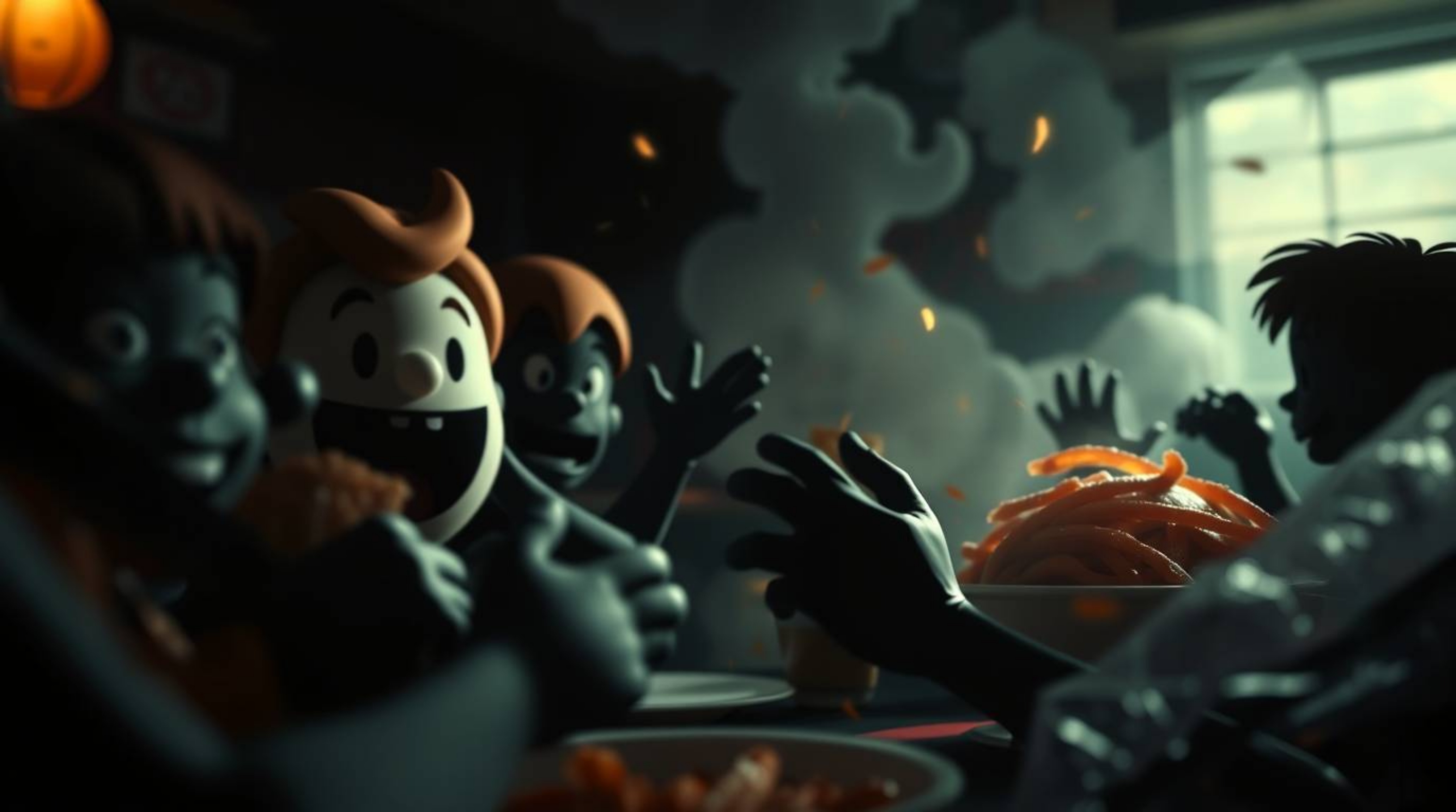 Witness an intense, extreme macro close-up of a chaotic cartoon cafeteria food fight, rendered entirely in jet black.  The im