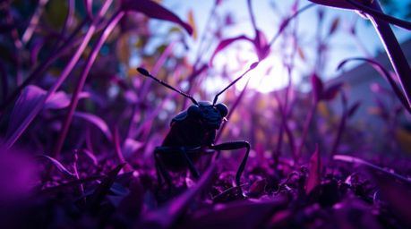 Discover a captivating high-resolution stock photo depicting a tiny hero, bug-sized, navigating a vibrant backyard jungle.  T