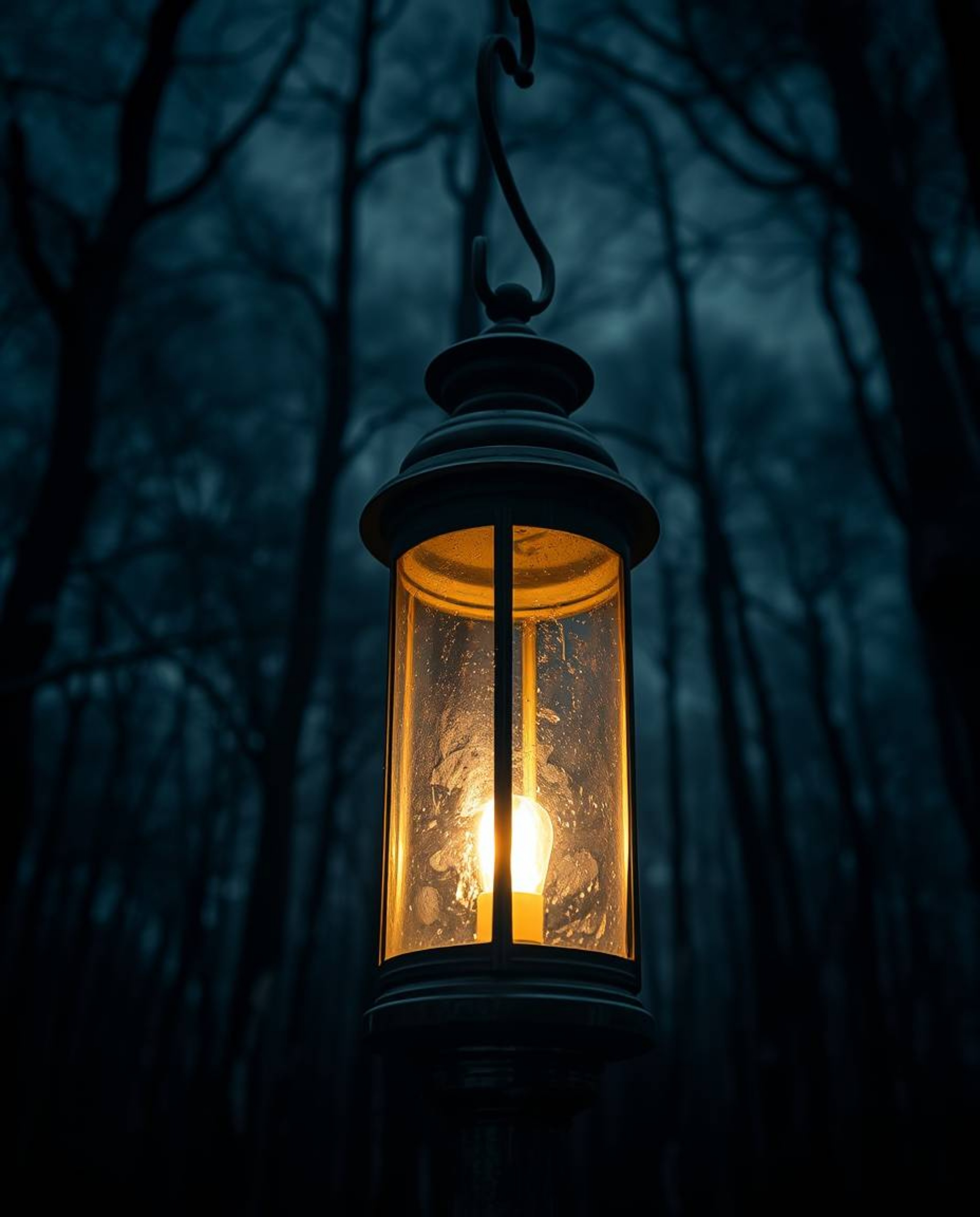 A captivating image of a glowing lantern illuminating a dark forest, meticulously captured in a professional, fine art style.