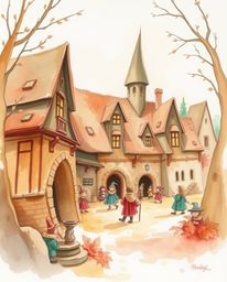 This delicate watercolor painting captures a warm and inviting magical school scene awash in autumnal hues. Young wizards pop
