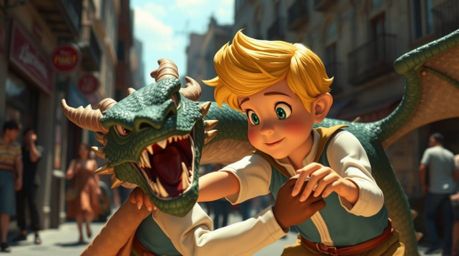 A captivating street photography scene depicting a charming prince with rosy cheeks and blonde hair locked in a fierce battle