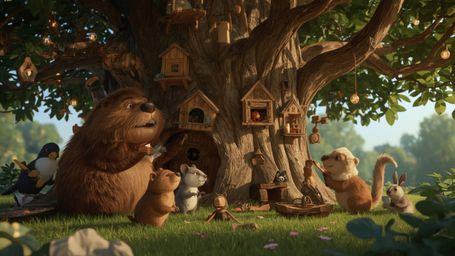 A highly detailed, high-resolution stock photo, in a style reminiscent of Pixar animation, captures a busy beaver with a kind