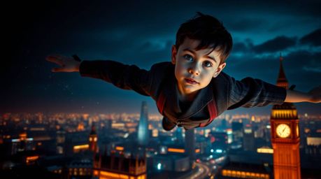A stunning depiction of a young boy with fair skin soaring above London, enveloped in swirling pixie dust. The artwork utiliz