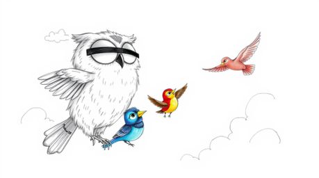 A heartwarming Pixar-style hand-drawn sketch depicts a blind owl with large, expressive eyes and soft plumage.  The owl is te
