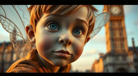 A whimsical close-up capturing a young boy with intricately sculpted papier-mâché features, soaring above a breathtaking Lond