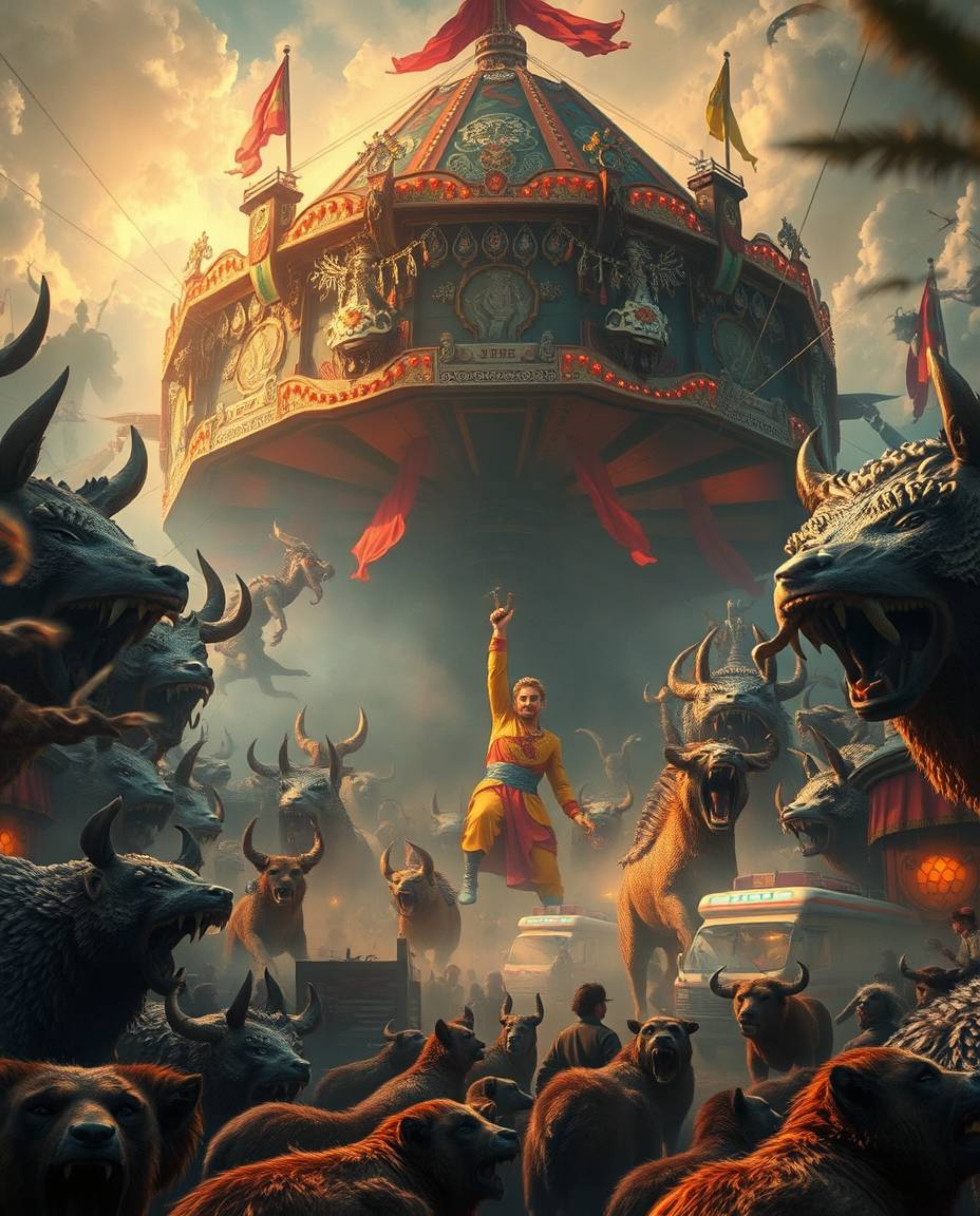 Experience a modern, futuristic grand scene brought to life in a classic oil painting style, featuring epic lens glow lightin