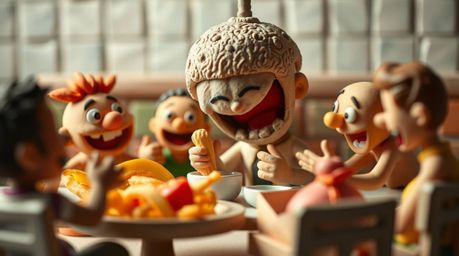 This captivating image showcases a close-up macro shot of a sculptural clay artwork depicting a chaotic cartoon cafeteria foo