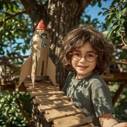 A captivating high-fashion photograph depicts a boy with bright, curious eyes and messy brown hair proudly showcasing his int