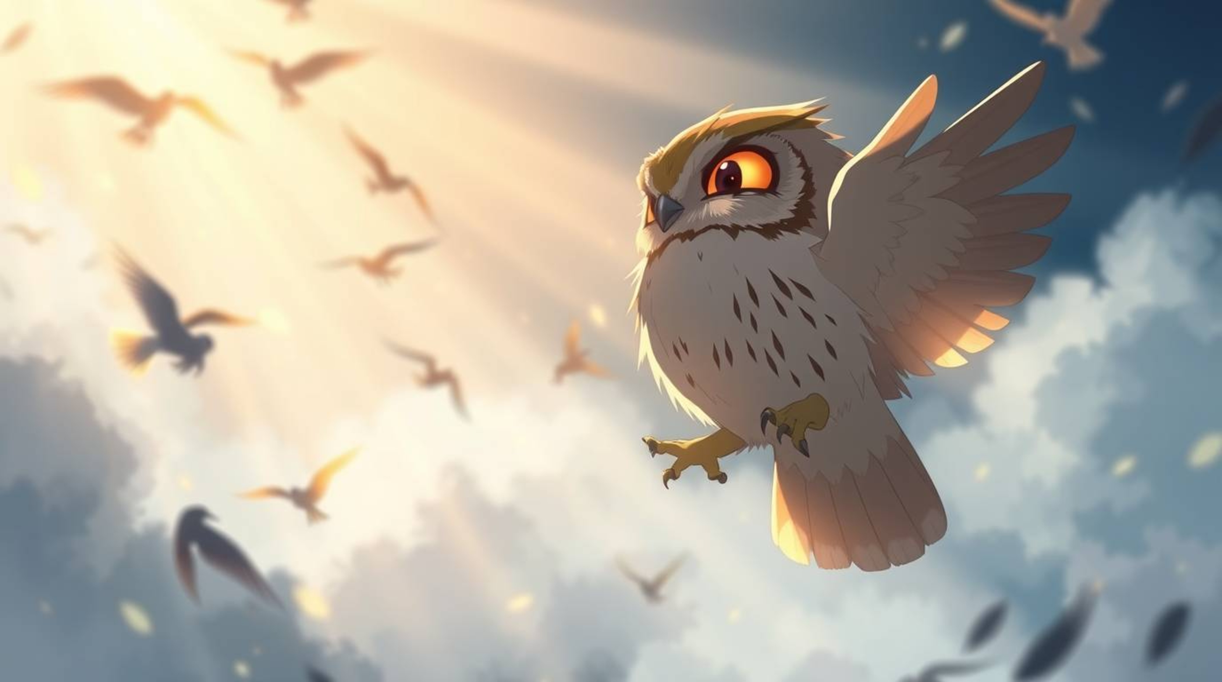 An Isekai anime-style illustration featuring a Pixar-style blind owl teaching birds to fly. The expressive composition captur