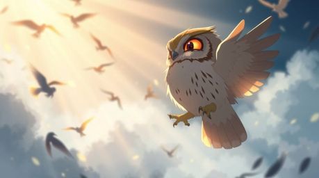 An Isekai anime-style illustration featuring a Pixar-style blind owl teaching birds to fly. The expressive composition captur