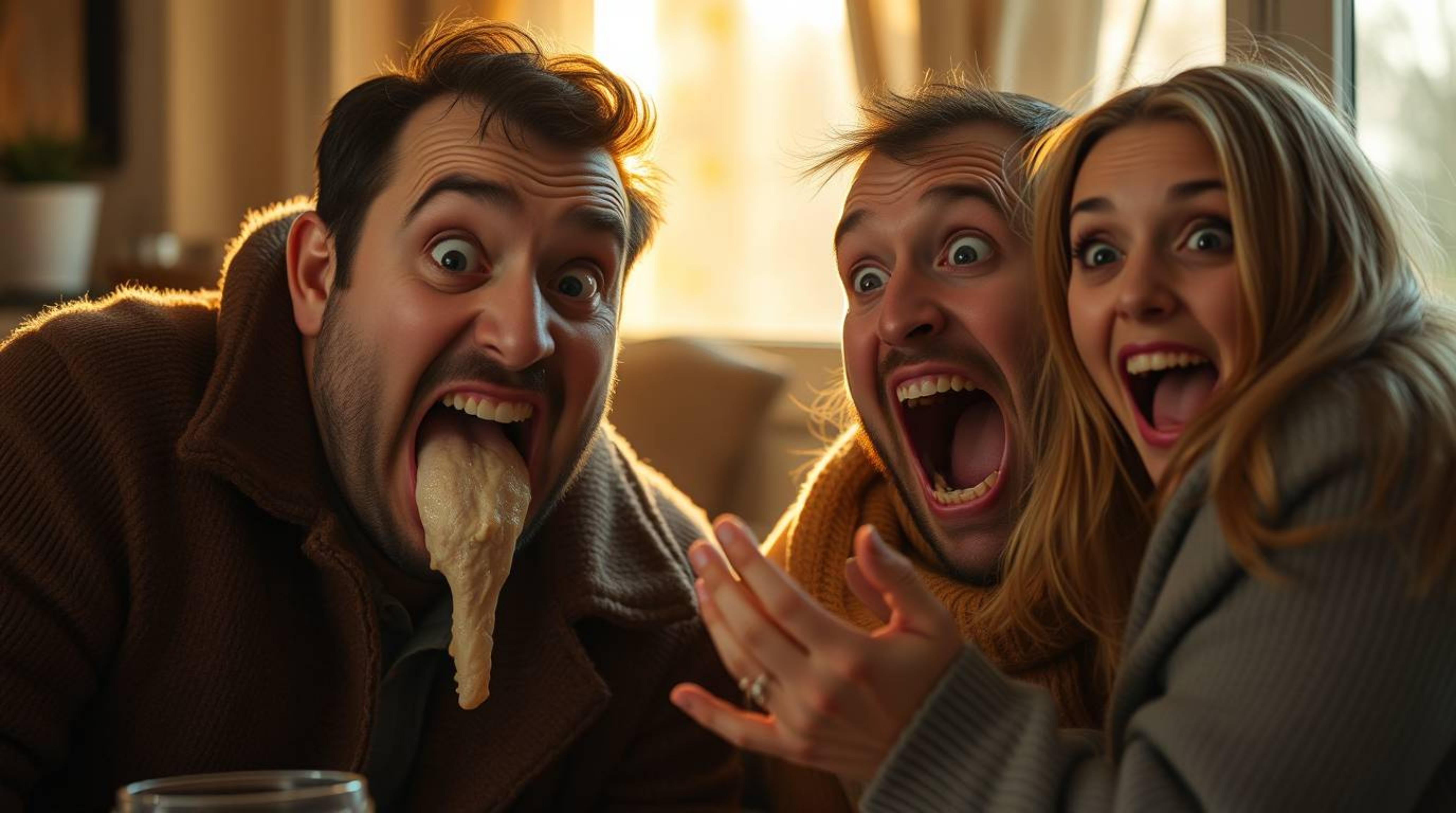 Experience a hilarious gross-out comedy moment filled with exaggerated expressions, all bathed in the gentle, soft warmth of 