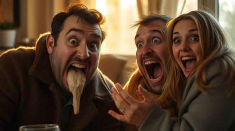 Experience a hilarious gross-out comedy moment filled with exaggerated expressions, all bathed in the gentle, soft warmth of 