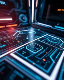This high-angle photograph showcases a stunning futuristic digital interface, characterized by intricate geometric patterns a