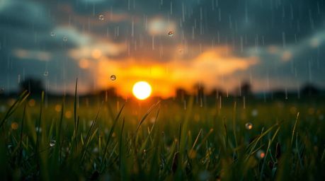 A captivating close-up photograph showcases an intricate origami design overlaid on a serene rainy sunset scene.  The image f