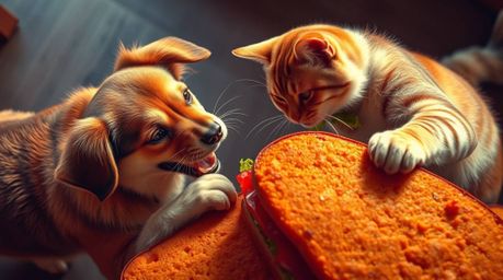 Witness an epic battle from a bird's-eye view! This vibrant image captures the intense struggle between a dog and a cat as th