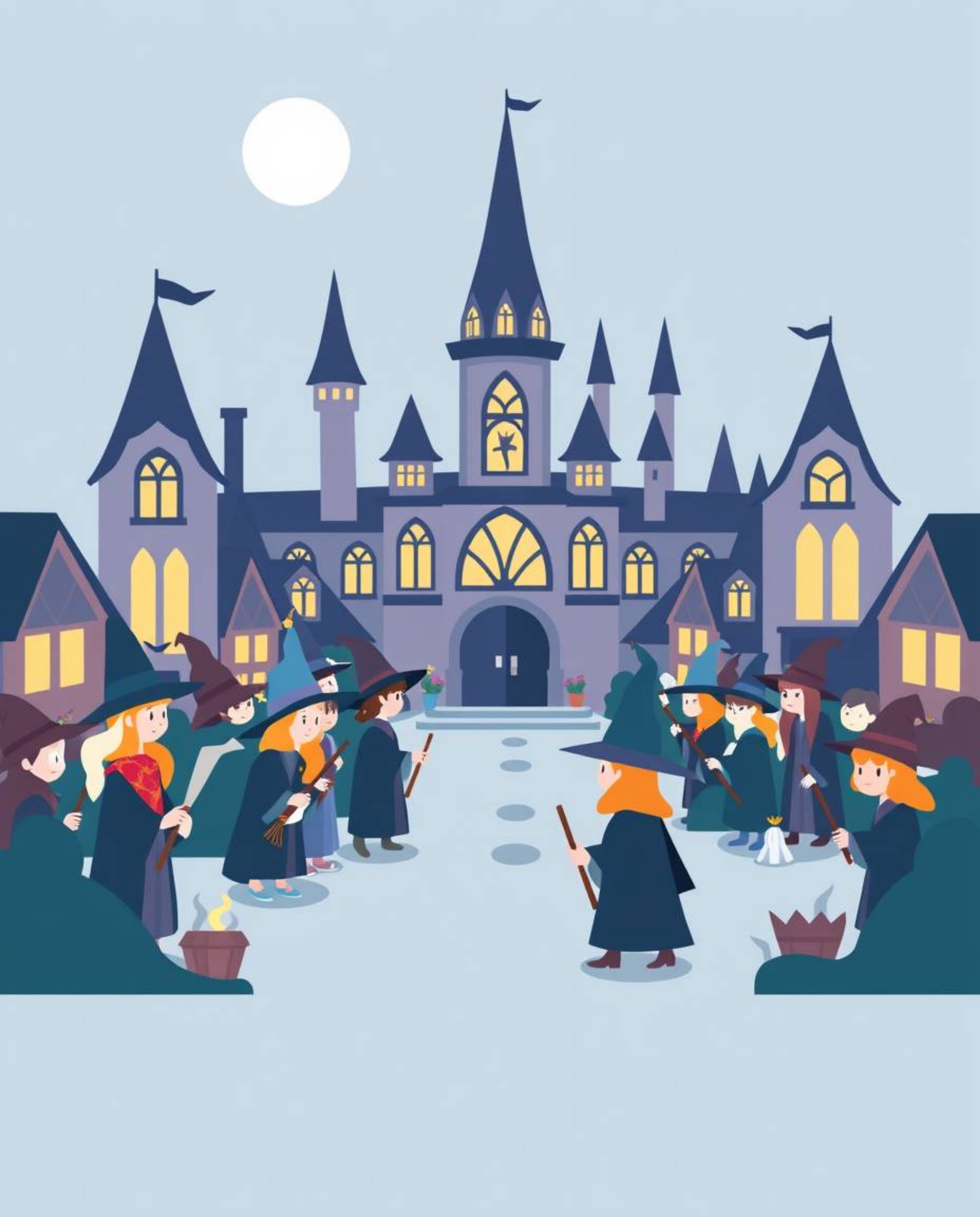 A modern flat design illustration showcases a magical school brimming with young wizards.  The artwork utilizes a distinctive