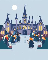 A modern flat design illustration showcases a magical school brimming with young wizards.  The artwork utilizes a distinctive