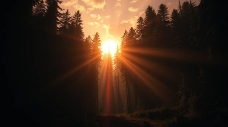 A breathtaking image depicting a massive-scale sunset scene in a dense forest.  Heroic elements are infused with intense jet 