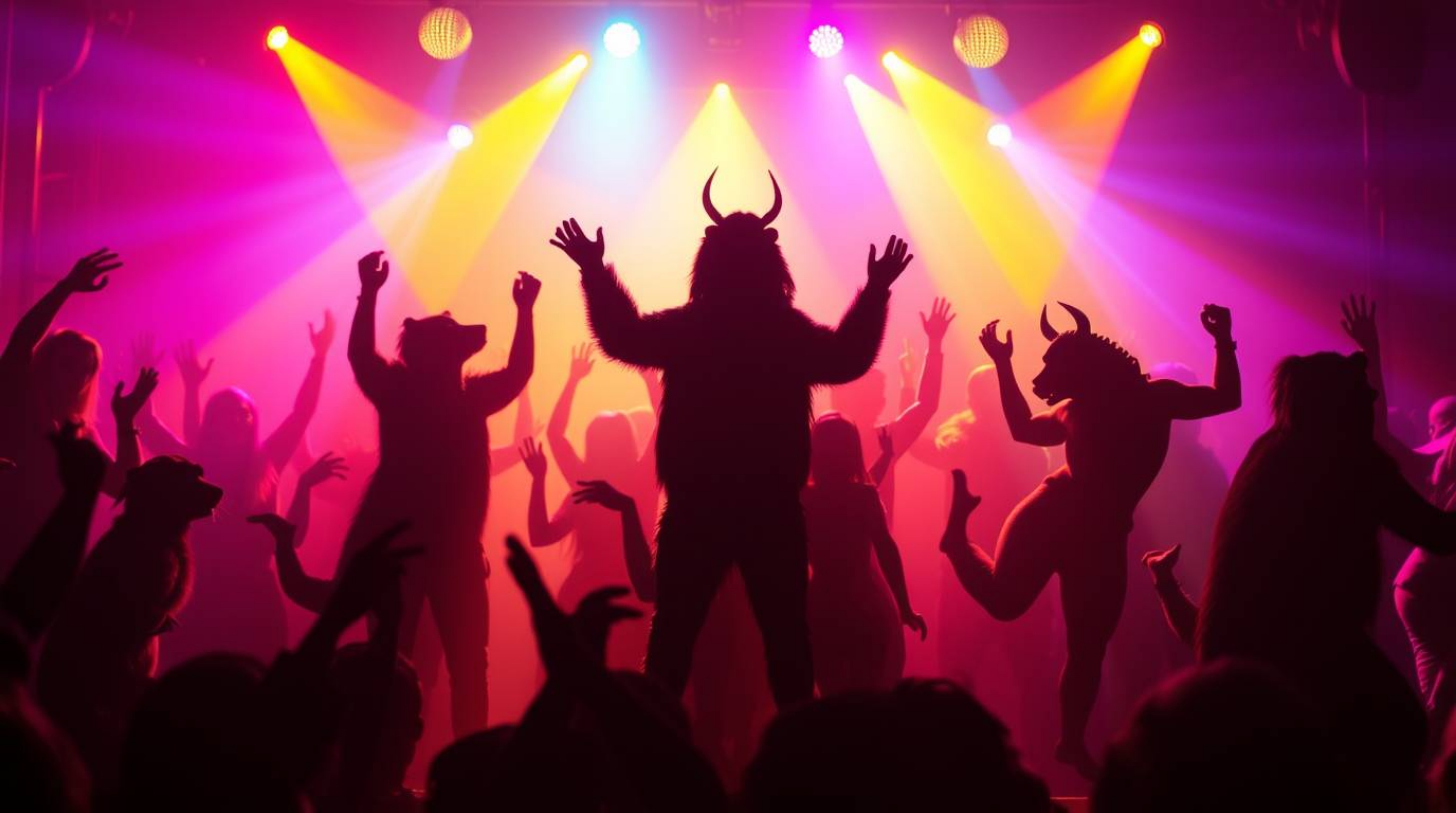 Silhouetted animals groove to the beat at a dazzling disco party.  Backlit by saturated colors and radiant disco lights, this
