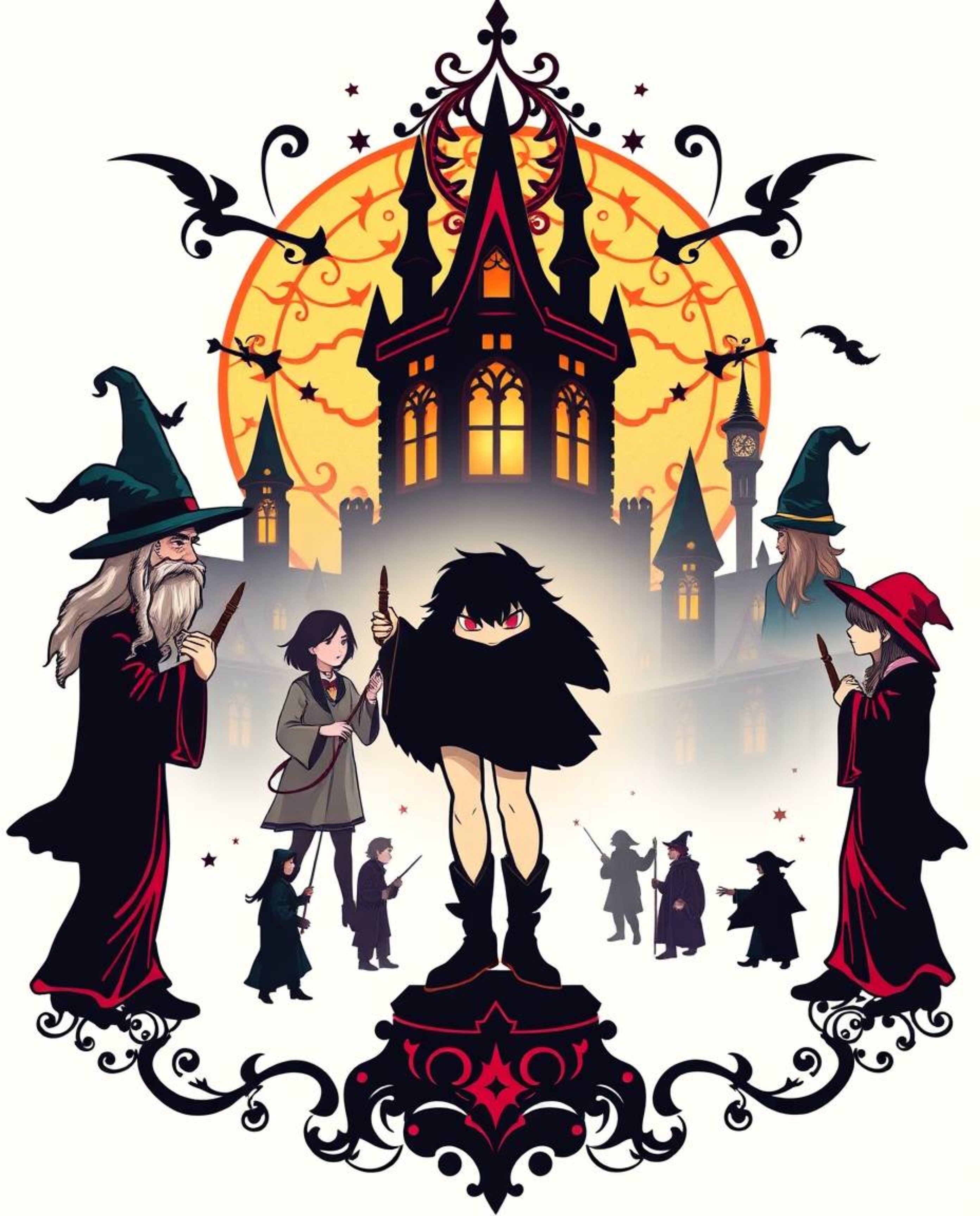 This vibrant tattoo art print features a silhouetted, magical school filled with young wizards.  The complex ornamental desig