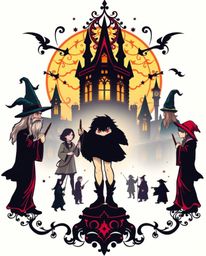 This vibrant tattoo art print features a silhouetted, magical school filled with young wizards.  The complex ornamental desig