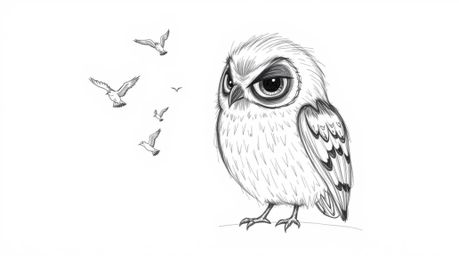 A captivating hand-drawn sketch in Pixar style depicts a blind owl with expressive features and rough pencil strokes against 