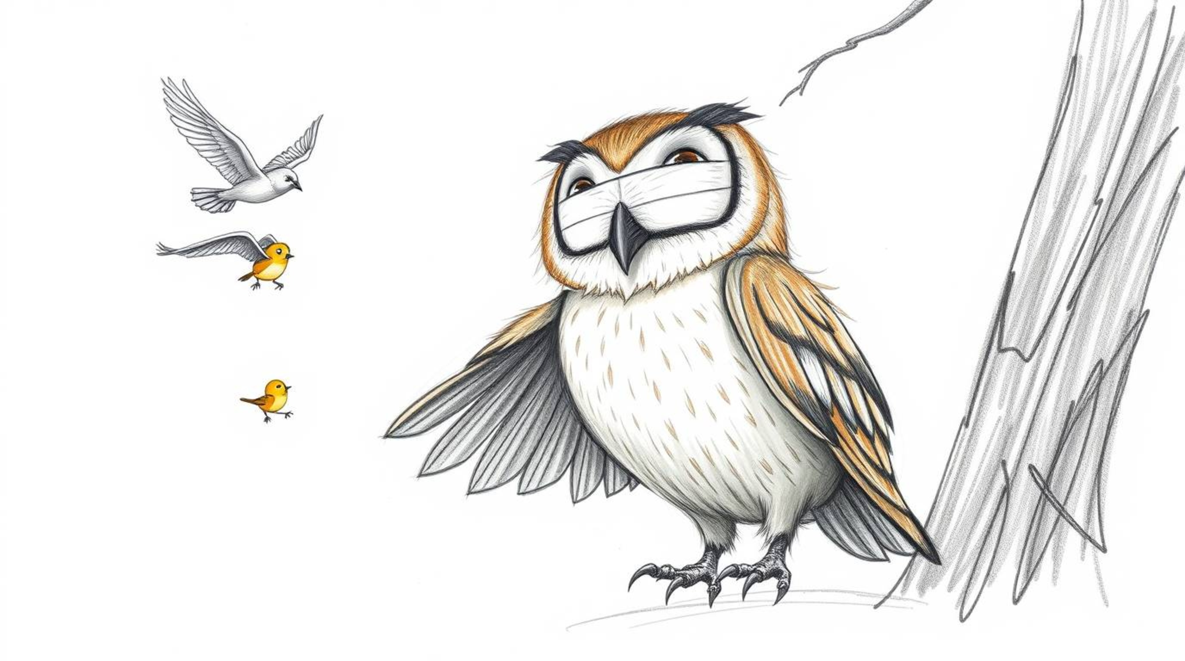 A heartwarming hand-drawn sketch in the style of Pixar, depicting a blind owl with soft, feathery texture patiently teaching 