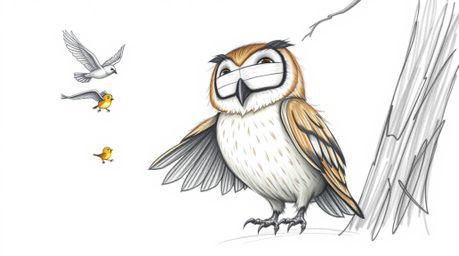 A heartwarming hand-drawn sketch in the style of Pixar, depicting a blind owl with soft, feathery texture patiently teaching 