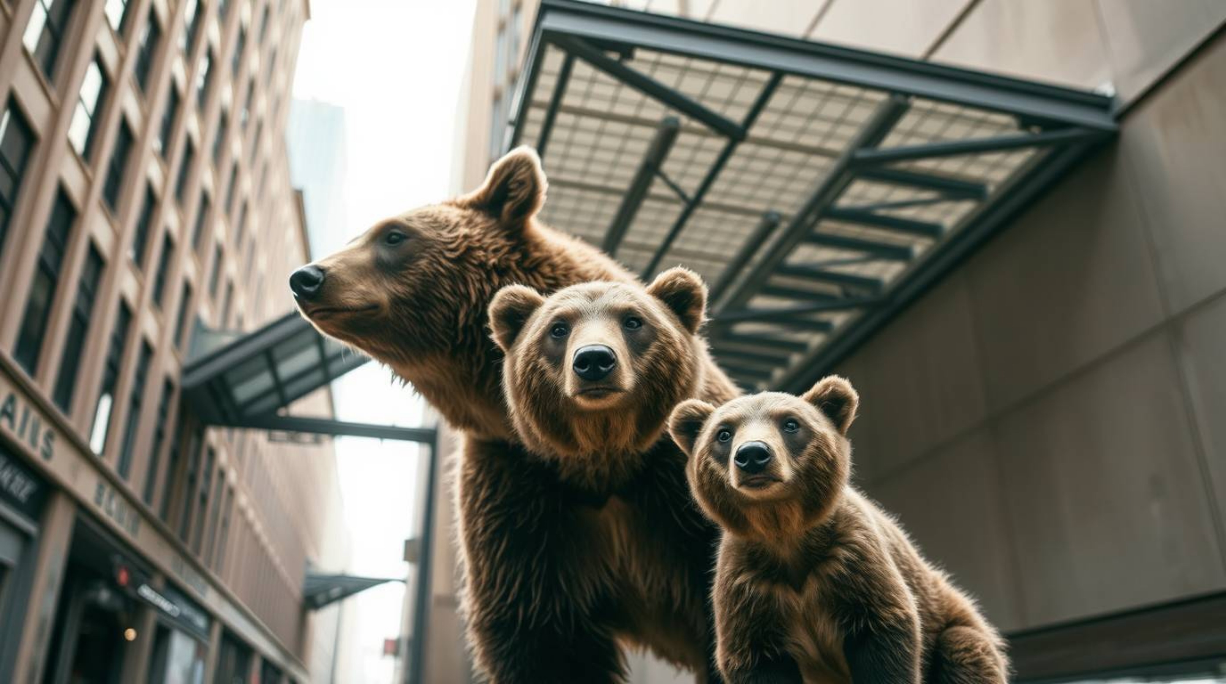 Precise architectural color photography vividly captures a bear family's whimsical urban adventure, meticulously emphasizing 