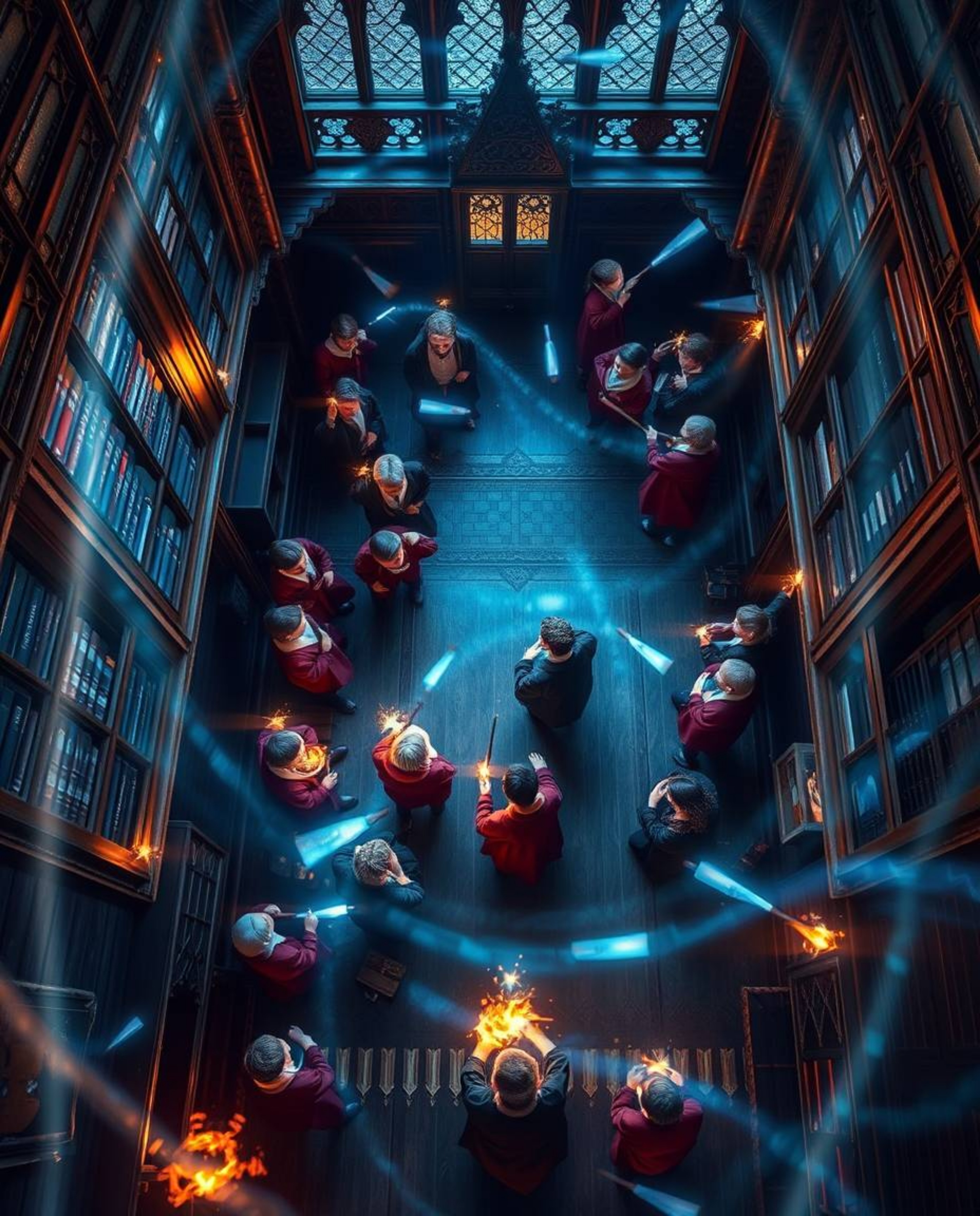 Explore a magical school teeming with young wizards, captured in a creative overhead bird's eye view. The artistic lighting c