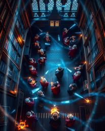 Explore a magical school teeming with young wizards, captured in a creative overhead bird's eye view. The artistic lighting c
