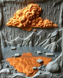 This sculptural clay artwork captures a wet, rainy scene, skillfully depicting the reflection of fiery clouds in a mountain l