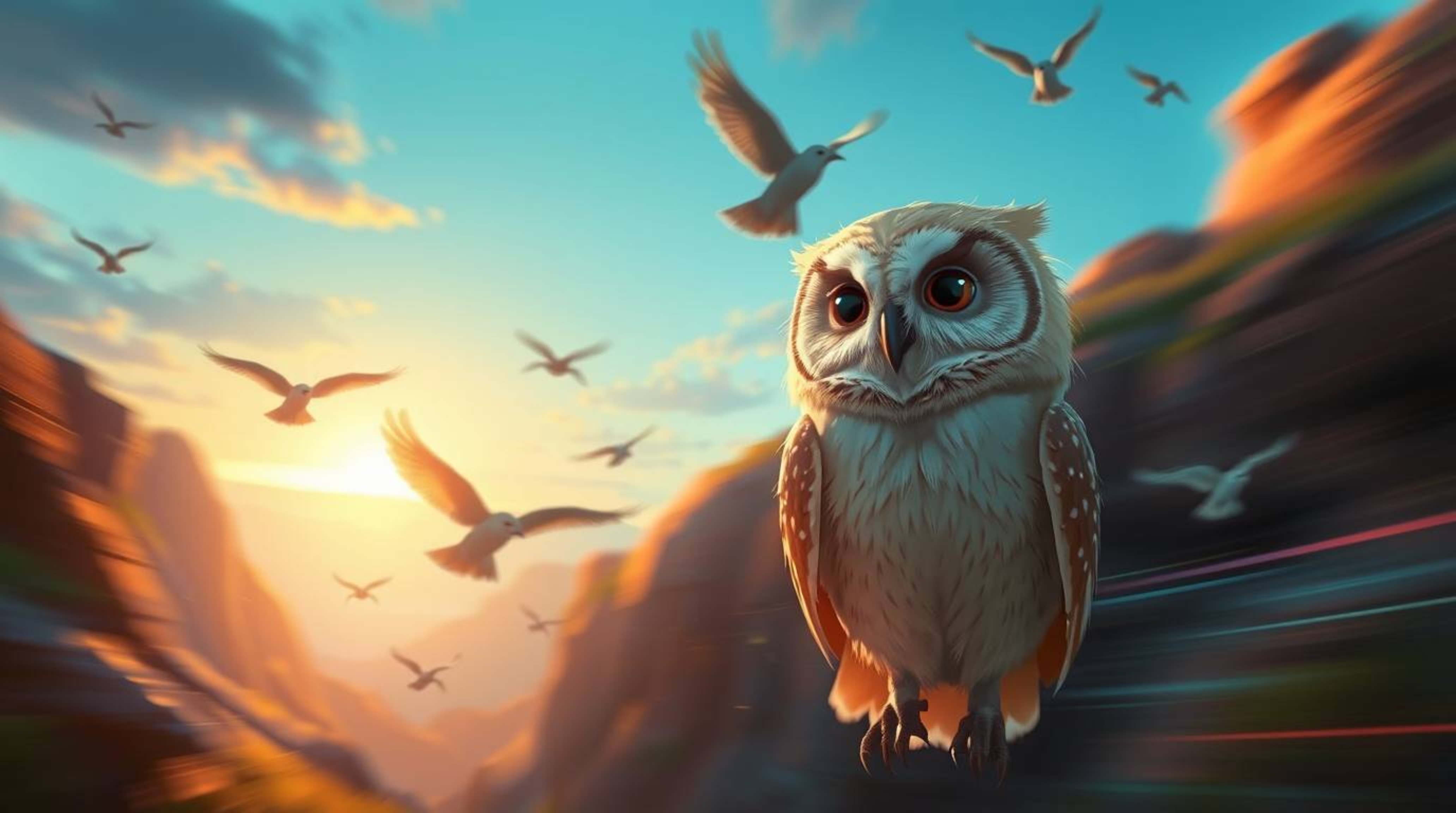 This digitally painted, Pixar-esque image depicts a blind owl with soft, light brown feathers and gentle eyes, guiding variou