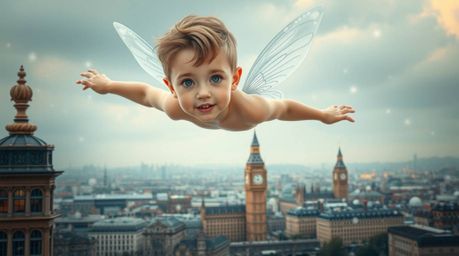 A captivating image depicting a young boy with graceful features and light skin, soaring above London aided by pixie dust. Th