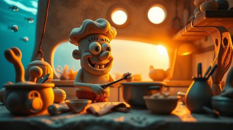 This sculptural clay art piece depicts a charming sponge character diligently cooking in a warmly lit underwater kitchen. Bat