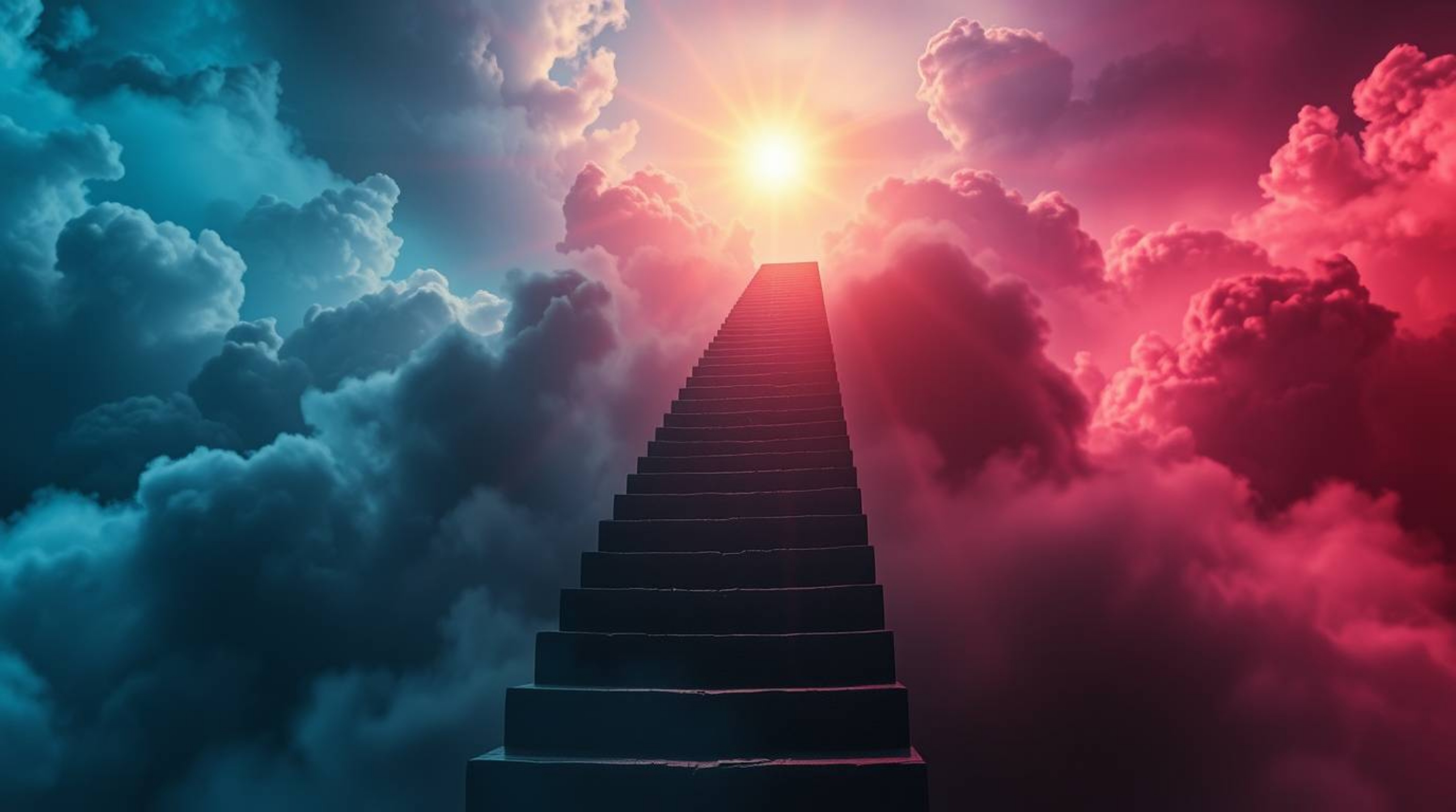 A surreal and eerie image depicts a stairway winding through smoky clouds towards a bright celestial light.  The vibrant colo