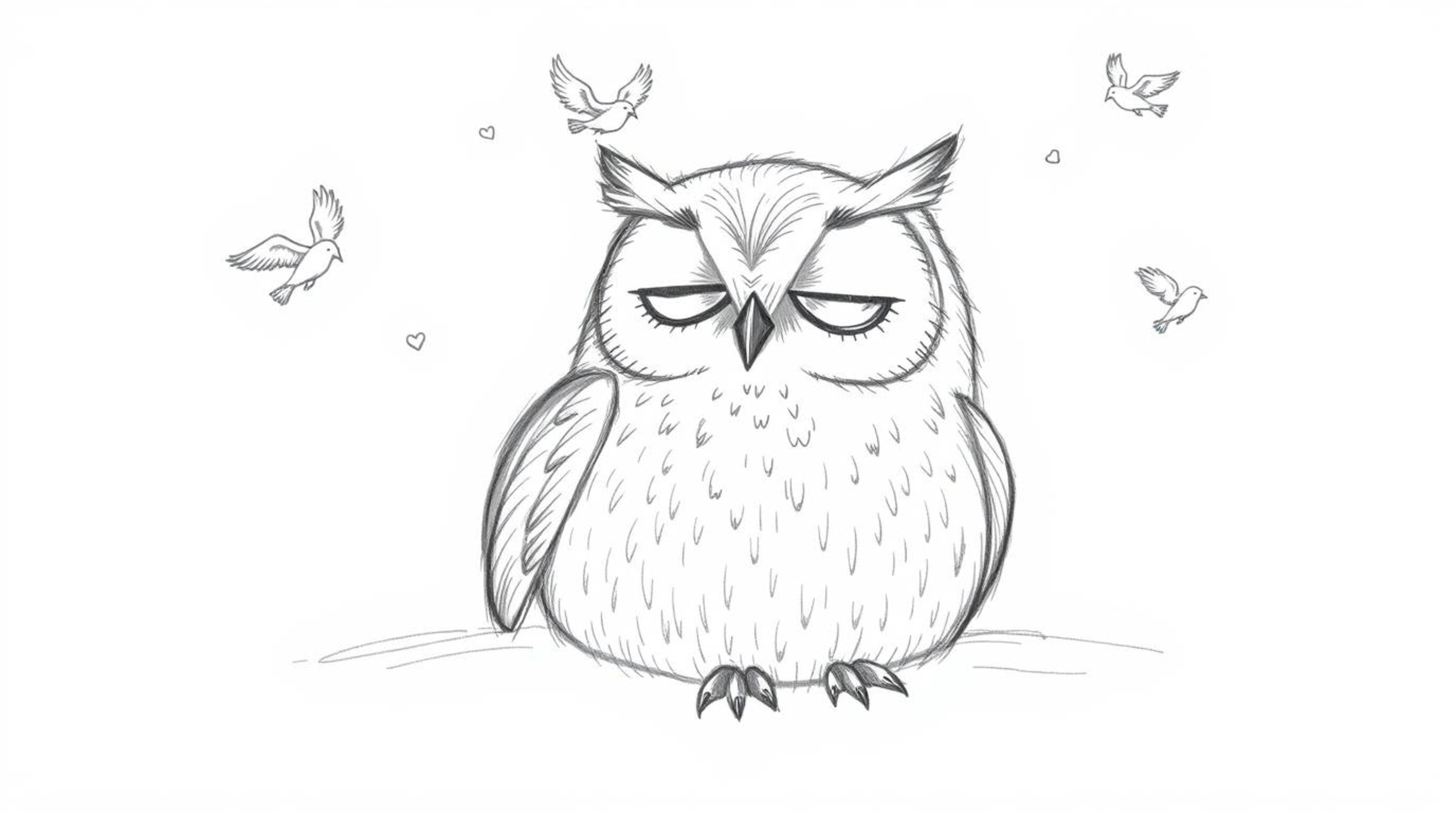 A heartwarming hand-drawn sketch reminiscent of Pixar artistry, featuring a blind owl with gentle pencil textures resting pea