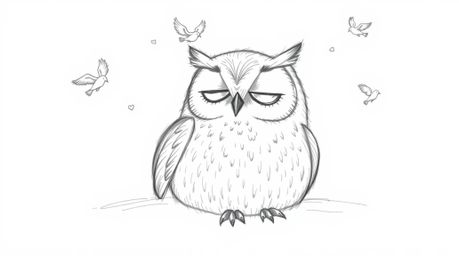 A heartwarming hand-drawn sketch reminiscent of Pixar artistry, featuring a blind owl with gentle pencil textures resting pea