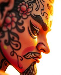 Explore the intricate details of symbolic traditional tattoo art captured in extreme macro close-up, bathed in the warm golde