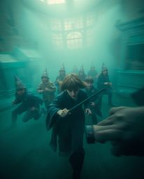 Immerse yourself in a magical school teeming with young wizards in dynamic motion, enveloped by a thick, ethereal teal fog. B