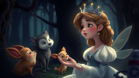 A mesmerizing scene unfolds with a princess of ethereal beauty and fair skin, serenading mystical forest animals in a captiva
