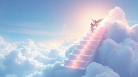 Experience a dreamlike and peaceful scene with an adorable and cute image showcasing iridescent colors. Steps of light ascend